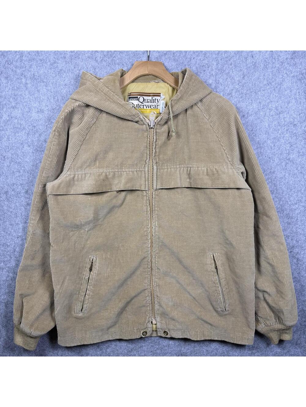 Vintage Montgomery Ward Tan Corduroy Hooded Full Zip Jacket Mens M